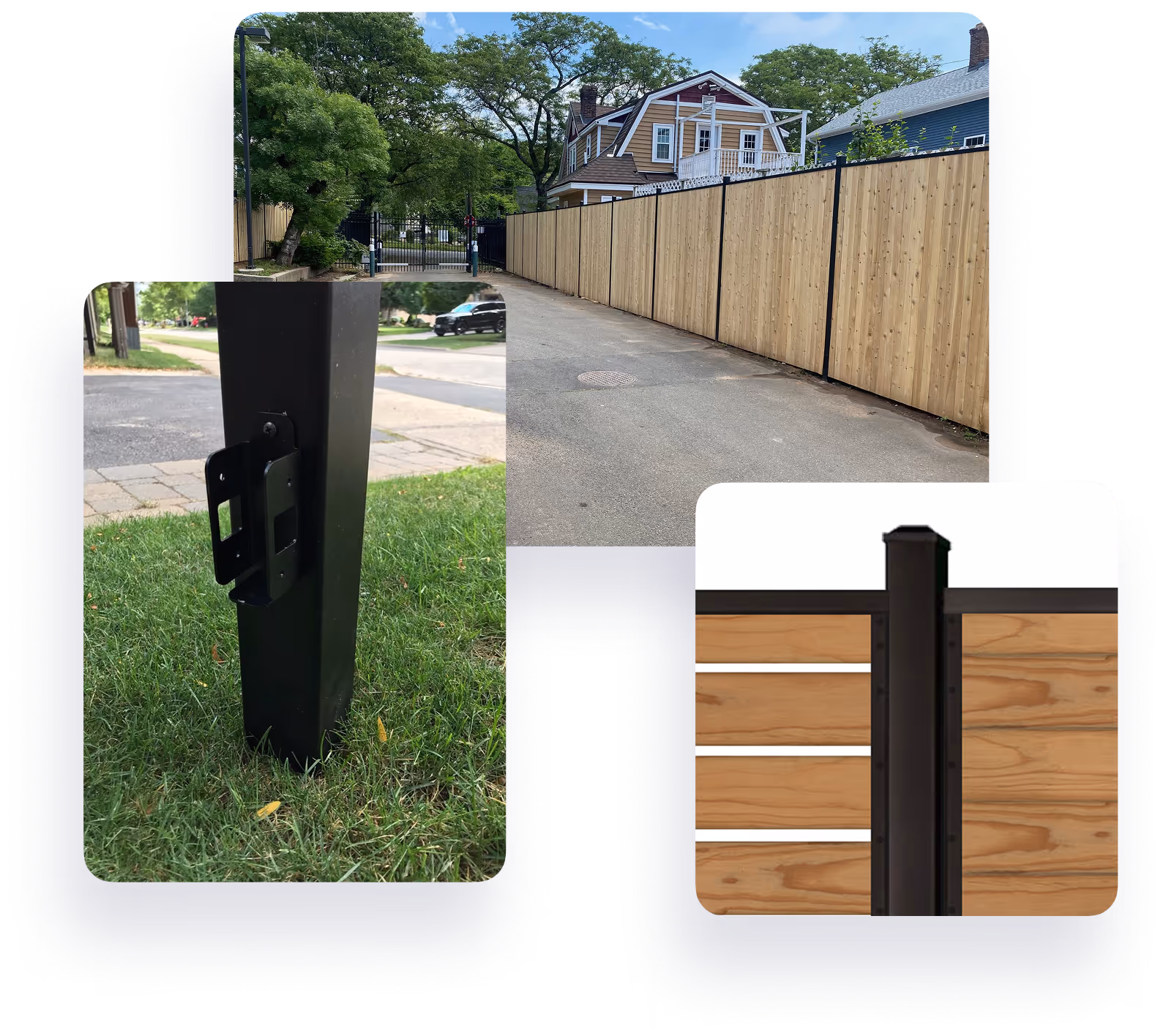 Composite image showing a long wooden fence by Slipfence. with black metal posts along a driveway, a close-up of a black metal post with a mounting bracket on grass, and a diagram of a fence post frame with horizontal wooden panels.