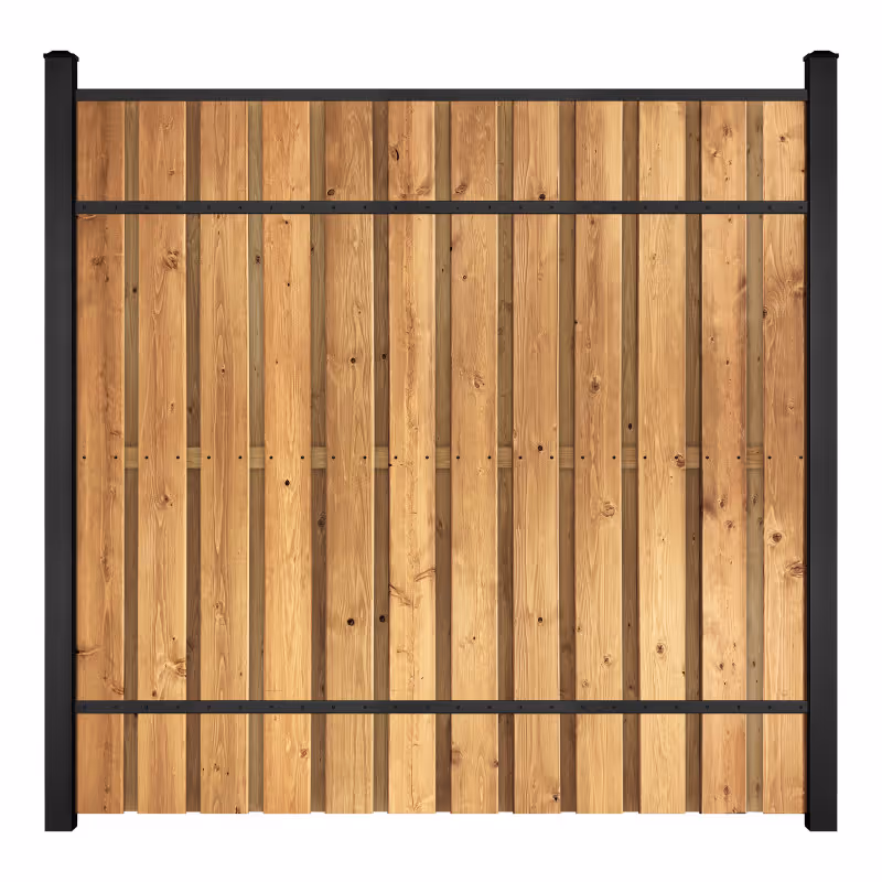 Wooden vertical plank fence panel by Slipfence with black horizontal metal supports and black vertical posts on each side.