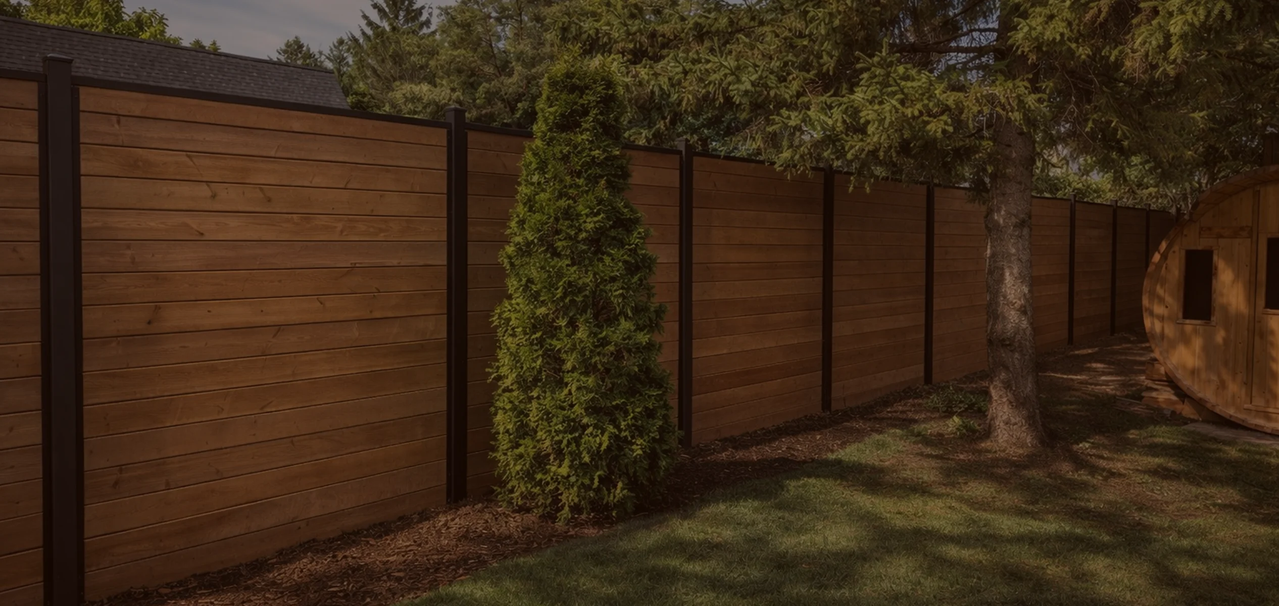 Tall dense evergreen shrub and tree next to a modern wooden privacy fence by slipfence with black posts in a backyard.
