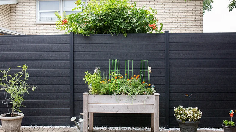 Raised wooden garden bed with tomato plants and marigolds against a black horizontal slatted fence by Slipfence, surrounded by potted plants and white gravel.